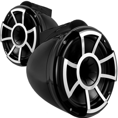 Pair of black speakers with white grilles on a transparent background