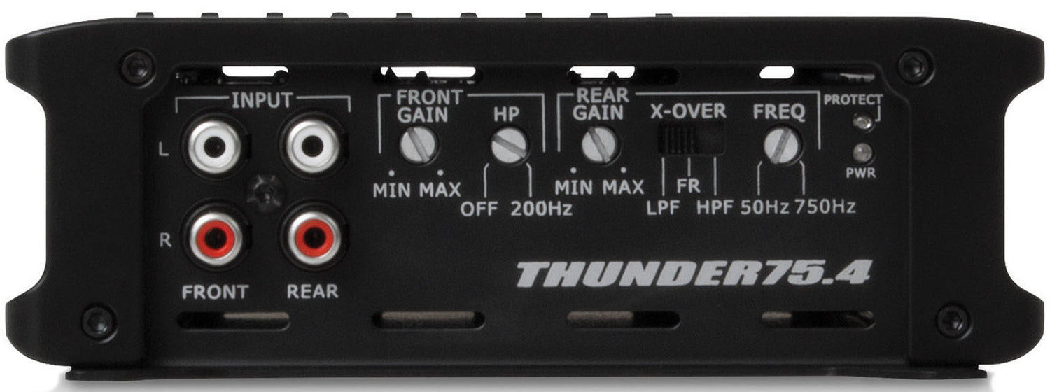 Top view of MTX THUNDER75.4 amplifier featuring MTX Audio logo and black aluminum heat sink design