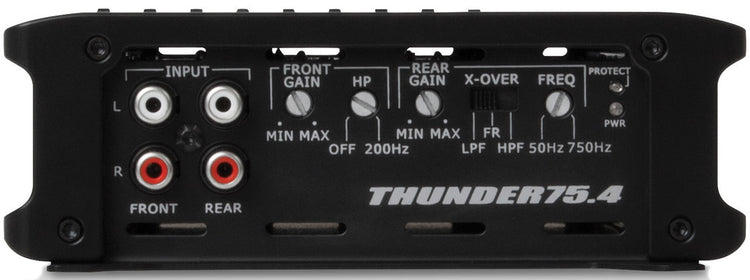 Top view of MTX THUNDER75.4 amplifier featuring MTX Audio logo and black aluminum heat sink design