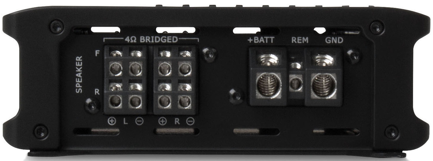Rear terminals of MTX THUNDER75.4 4-channel amplifier with power, ground, and remote connections for clean installation