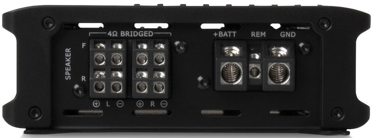Rear terminals of MTX THUNDER75.4 4-channel amplifier with power, ground, and remote connections for clean installation