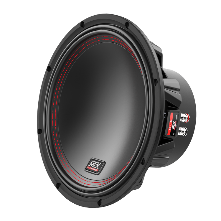 Side view of MTX 5510-44 subwoofer illustrating mounting depth and progressive suspension for controlled cone movement
