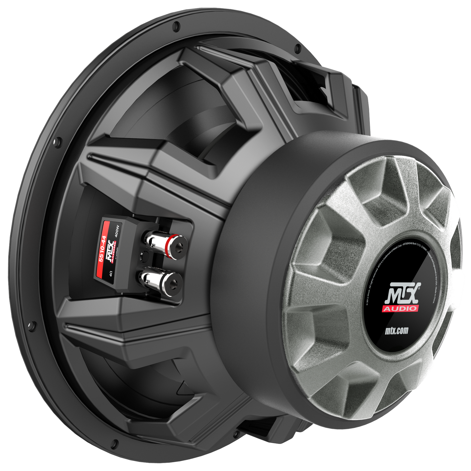 Rear view of MTX 55 Series 5510-44 subwoofer showing large 56 ounce magnet and 2 inch high-temperature voice coil