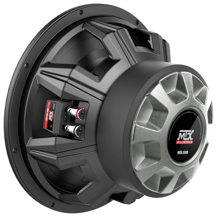 Rear view of MTX 55 Series 5510-44 subwoofer showing large 56 ounce magnet and 2 inch high-temperature voice coil