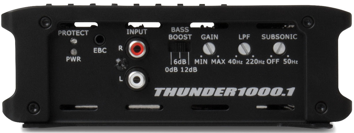 Rear view of MTX THUNDER1000.1 amplifier showing speaker terminals, RCA inputs, and power connections