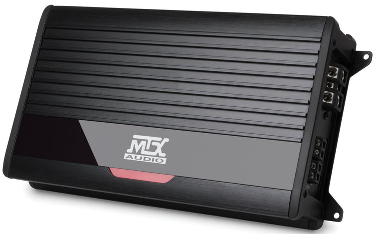 Side angle of MTX THUNDER1000.1 Class D Mono Block Amplifier showing compact chassis and heat sink fins